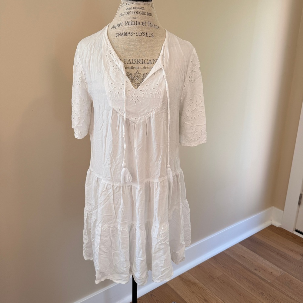 Sugar & Cream‎ Women's White Eyelet Boho Babydoll Dress Size L